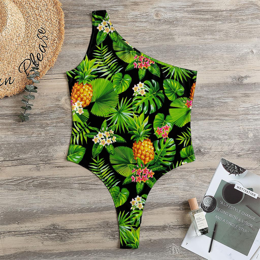 Black Hawaiian Pineapple Pattern Print One Shoulder Bodysuit