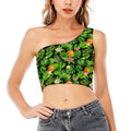 Black Hawaiian Pineapple Pattern Print One Shoulder Crop Top