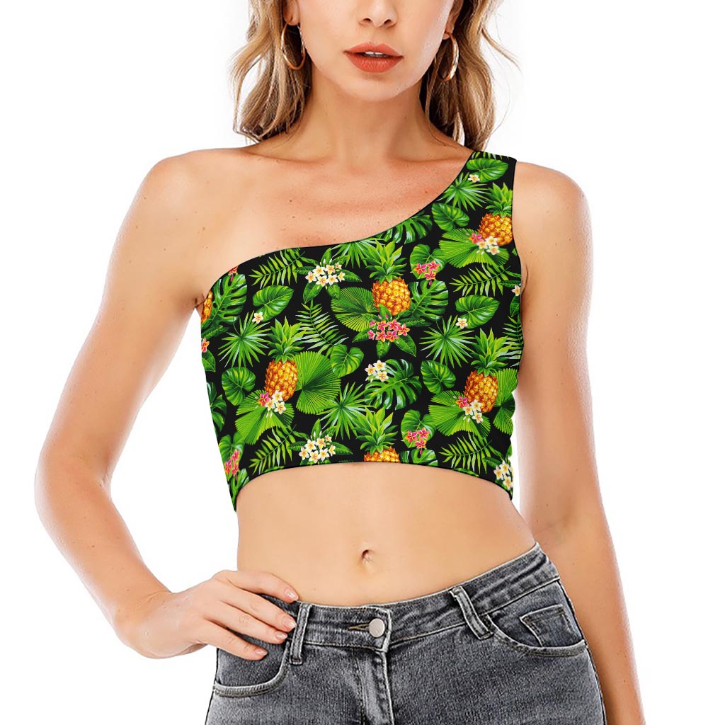 Black Hawaiian Pineapple Pattern Print One Shoulder Crop Top