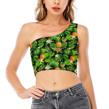 Black Hawaiian Pineapple Pattern Print One Shoulder Crop Top