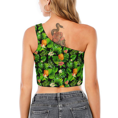 Black Hawaiian Pineapple Pattern Print One Shoulder Crop Top