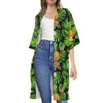 Black Hawaiian Pineapple Pattern Print Open Front Beach Cover Up