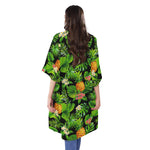 Black Hawaiian Pineapple Pattern Print Open Front Beach Cover Up