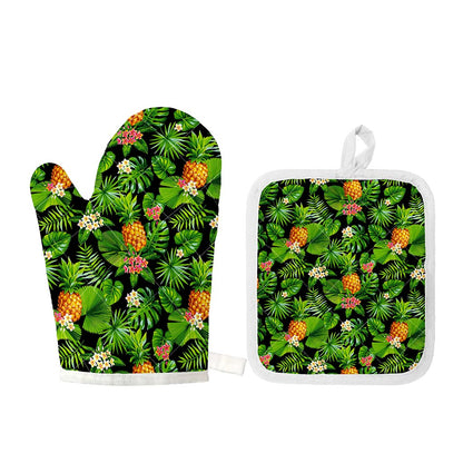 Black Hawaiian Pineapple Pattern Print Oven Mitt And Pot Holder Set