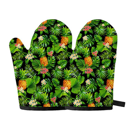 Black Hawaiian Pineapple Pattern Print Oven Mitts