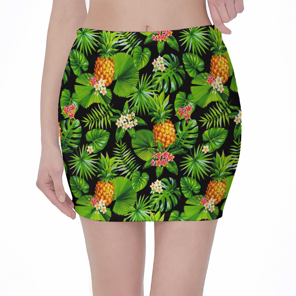 Black Hawaiian Pineapple Pattern Print Pencil Mini Skirt