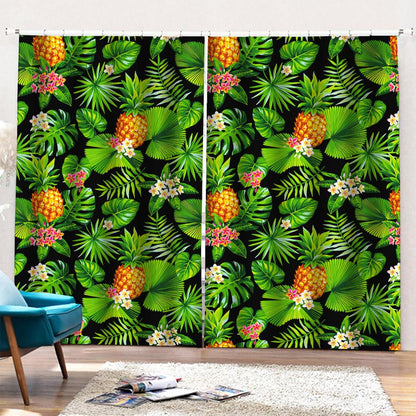Black Hawaiian Pineapple Pattern Print Pencil Pleat Curtains