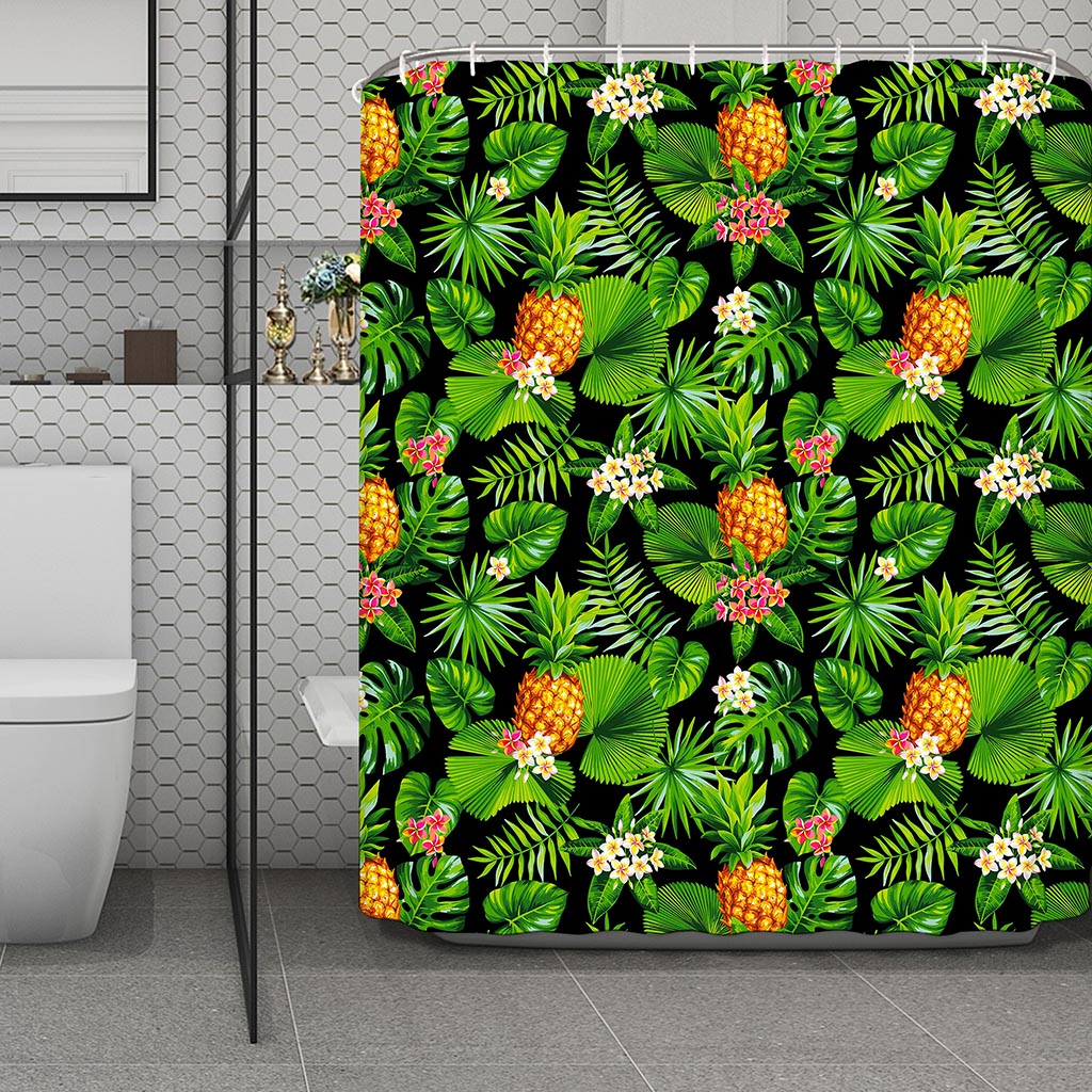Black Hawaiian Pineapple Pattern Print Polyester Shower Curtain