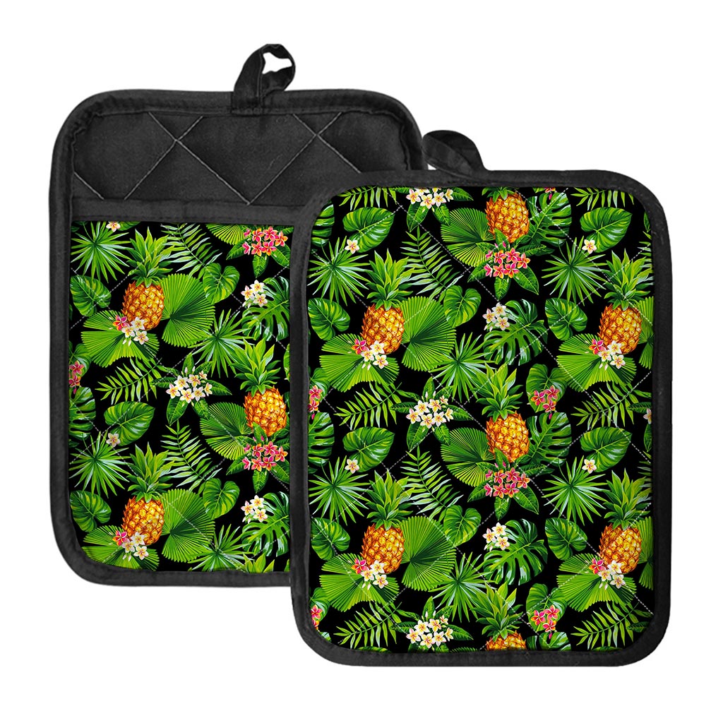 Black Hawaiian Pineapple Pattern Print Pot Holders With Pocket