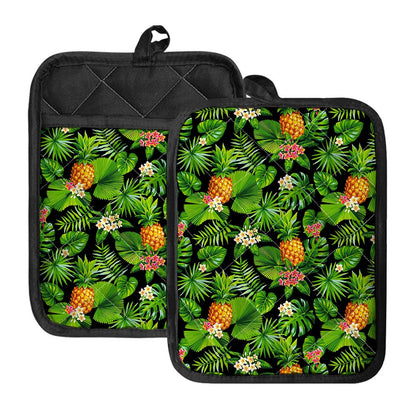 Black Hawaiian Pineapple Pattern Print Pot Holders With Pocket