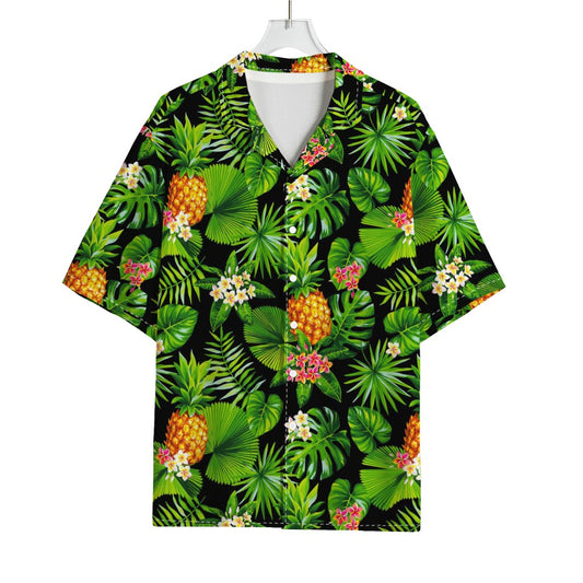 Black Hawaiian Pineapple Pattern Print Rayon Hawaiian Shirt