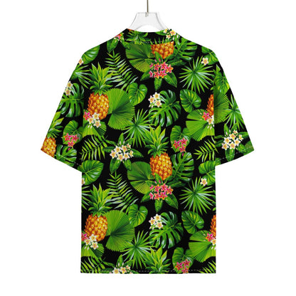 Black Hawaiian Pineapple Pattern Print Rayon Hawaiian Shirt
