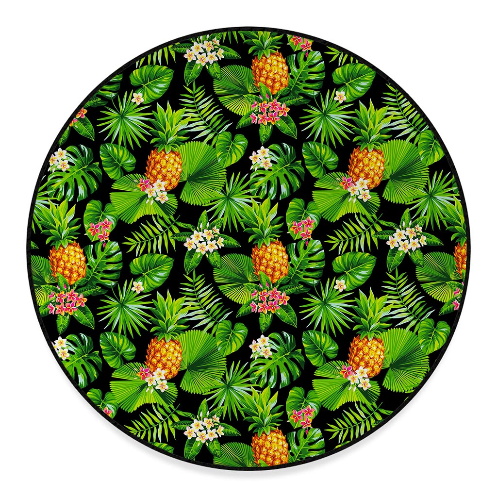 Black Hawaiian Pineapple Pattern Print Round Floor Mat