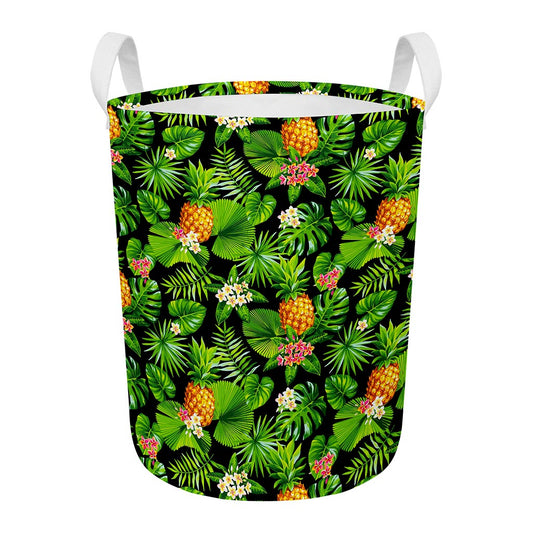 Black Hawaiian Pineapple Pattern Print Round Laundry Basket