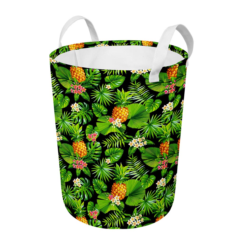 Black Hawaiian Pineapple Pattern Print Round Laundry Basket