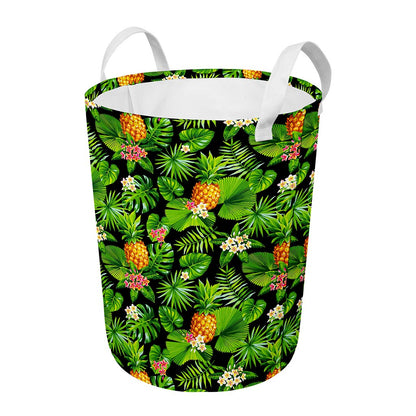 Black Hawaiian Pineapple Pattern Print Round Laundry Basket