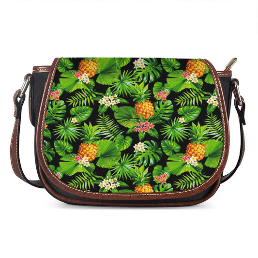 Black Hawaiian Pineapple Pattern Print Saddle Bag
