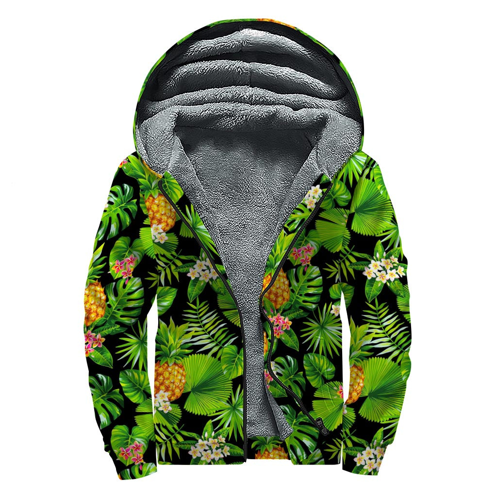 Black Hawaiian Pineapple Pattern Print Sherpa Lined Zip Up Hoodie