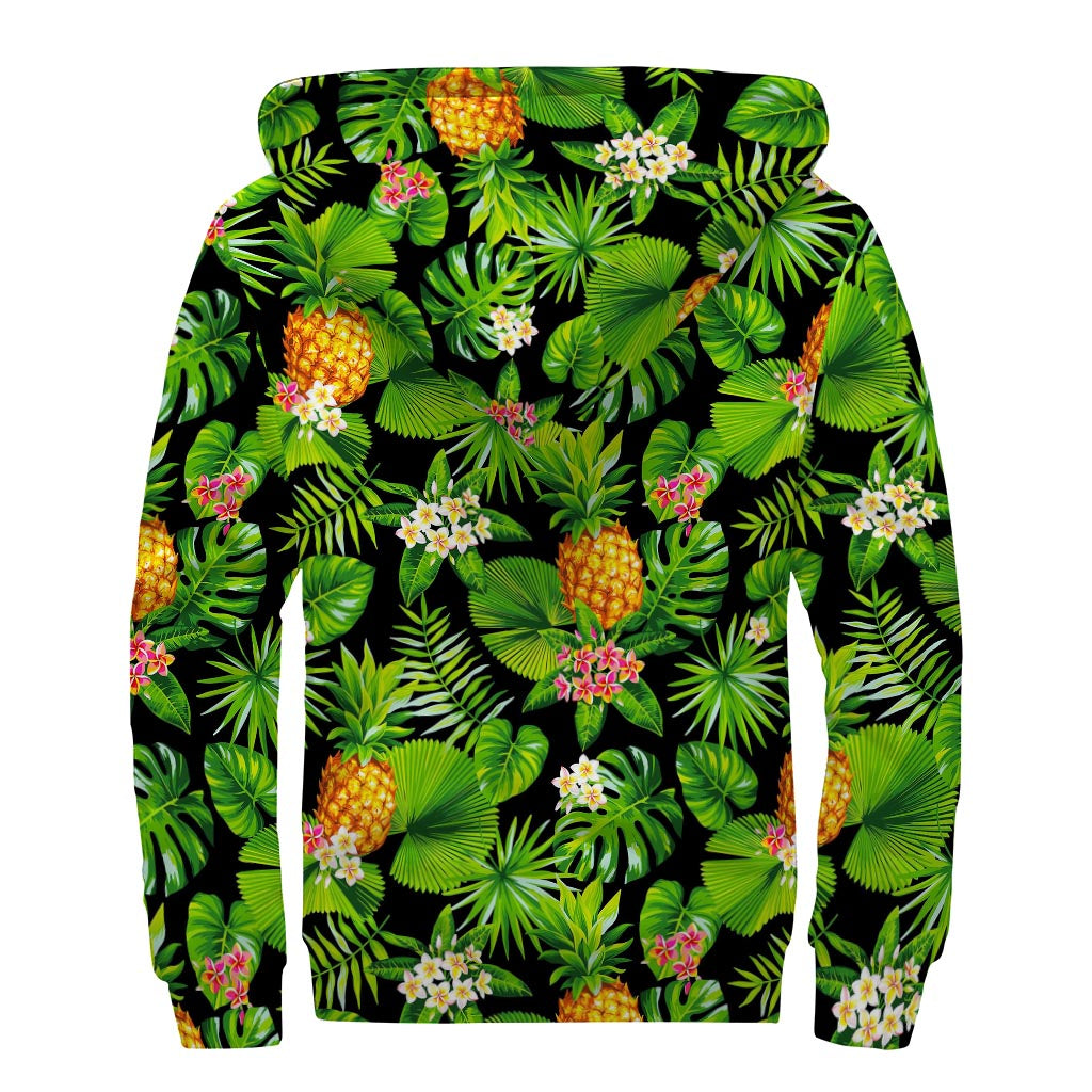 Black Hawaiian Pineapple Pattern Print Sherpa Lined Zip Up Hoodie