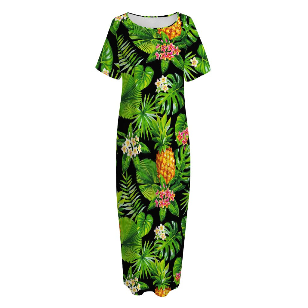 Black Hawaiian Pineapple Pattern Print Short Sleeve Long Nightdress