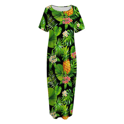 Black Hawaiian Pineapple Pattern Print Short Sleeve Long Nightdress