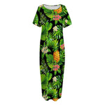 Black Hawaiian Pineapple Pattern Print Short Sleeve Long Nightdress