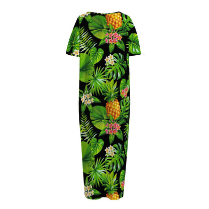 Black Hawaiian Pineapple Pattern Print Short Sleeve Long Nightdress