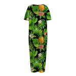 Black Hawaiian Pineapple Pattern Print Short Sleeve Long Nightdress