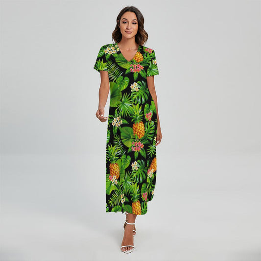 Black Hawaiian Pineapple Pattern Print Short Sleeve Maxi Dress