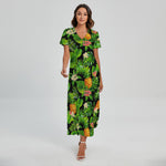 Black Hawaiian Pineapple Pattern Print Short Sleeve Maxi Dress