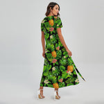 Black Hawaiian Pineapple Pattern Print Short Sleeve Maxi Dress