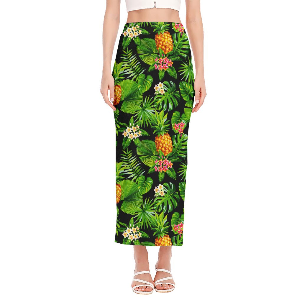 Black Hawaiian Pineapple Pattern Print Side Slit Maxi Skirt