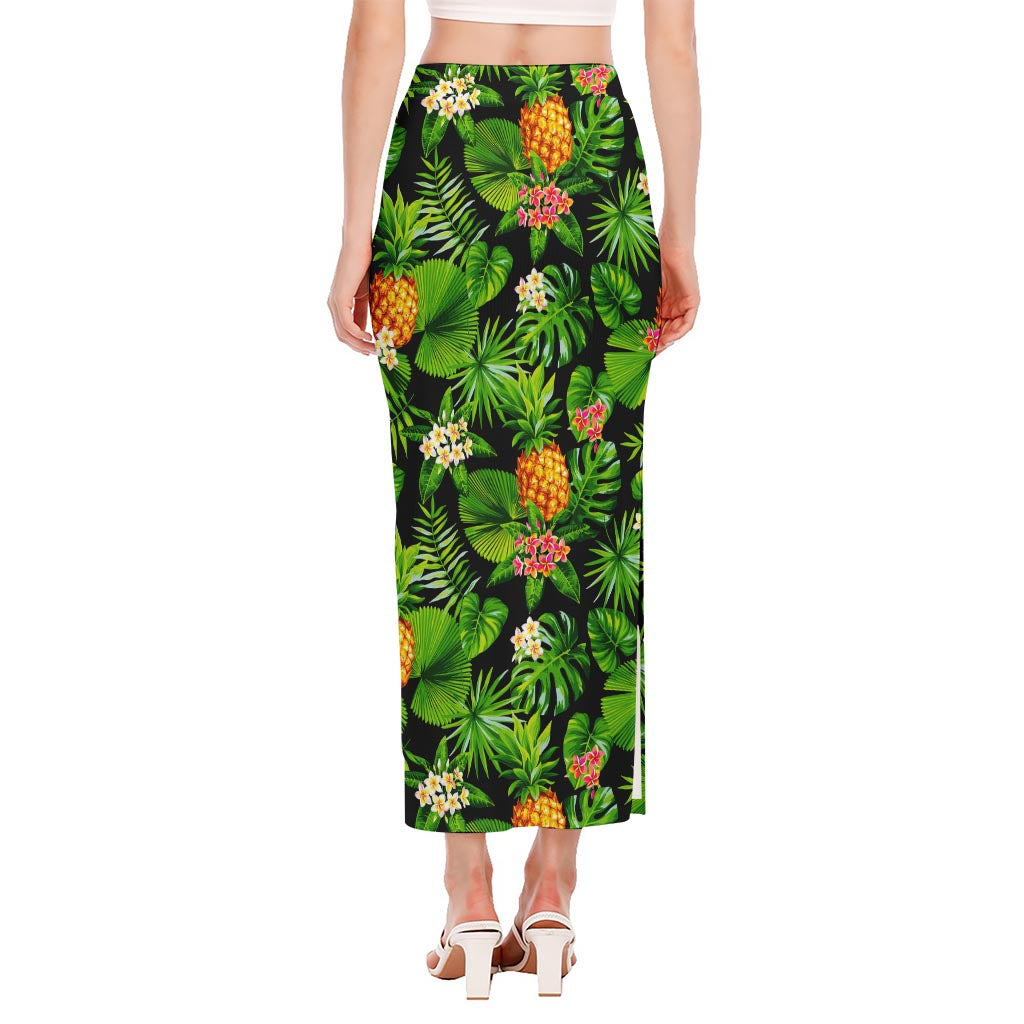 Black Hawaiian Pineapple Pattern Print Side Slit Maxi Skirt