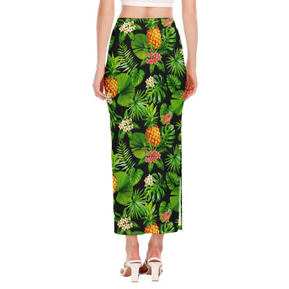 Black Hawaiian Pineapple Pattern Print Side Slit Maxi Skirt