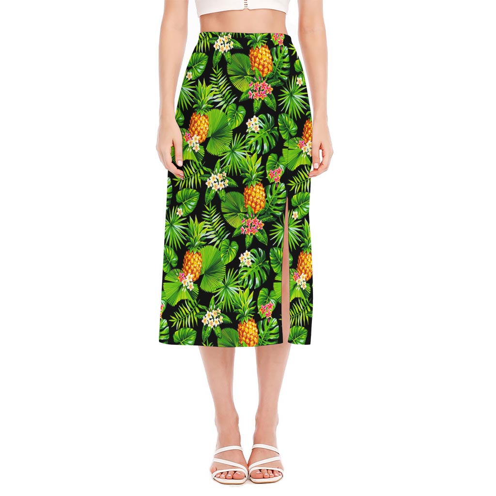 Black Hawaiian Pineapple Pattern Print Side Slit Midi Skirt