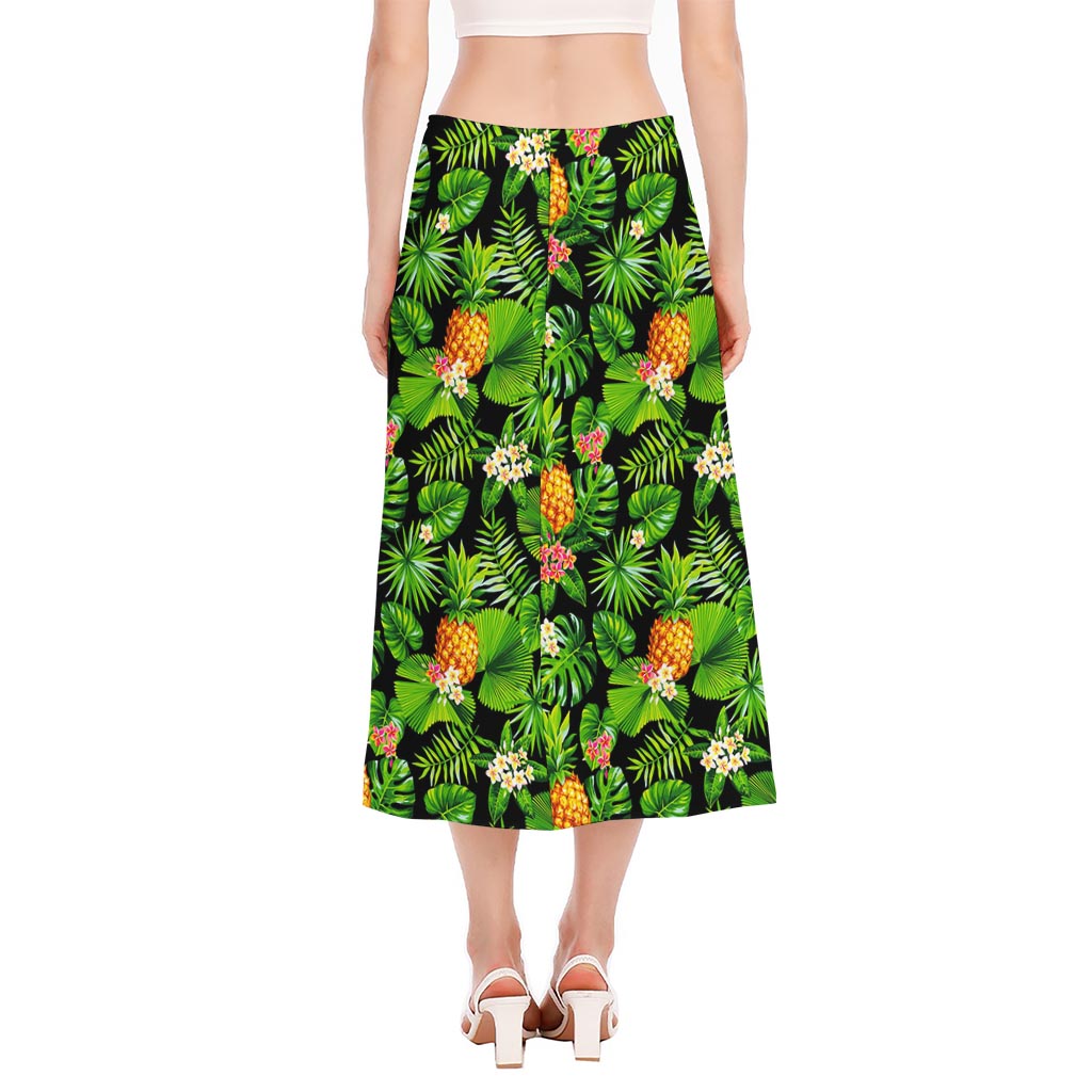 Black Hawaiian Pineapple Pattern Print Side Slit Midi Skirt