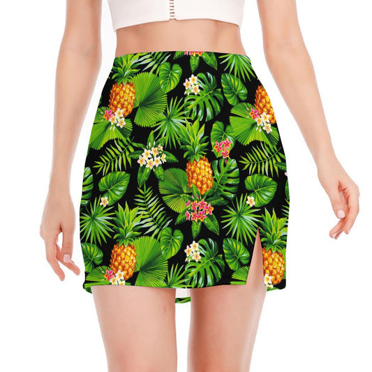 Black Hawaiian Pineapple Pattern Print Side Slit Mini Skirt