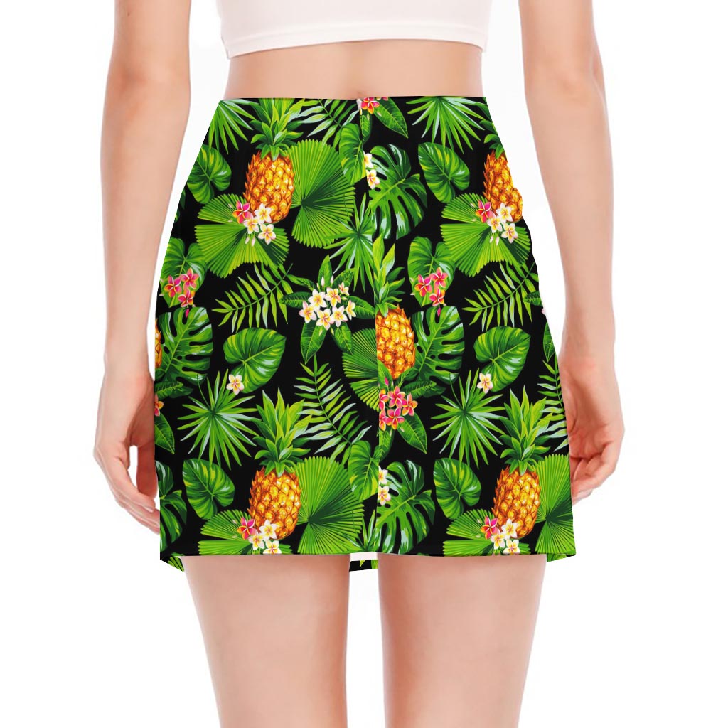 Black Hawaiian Pineapple Pattern Print Side Slit Mini Skirt