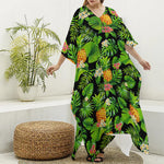 Black Hawaiian Pineapple Pattern Print Silk V-Neck Kaftan Dress