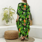 Black Hawaiian Pineapple Pattern Print Silk V-Neck Kaftan Dress