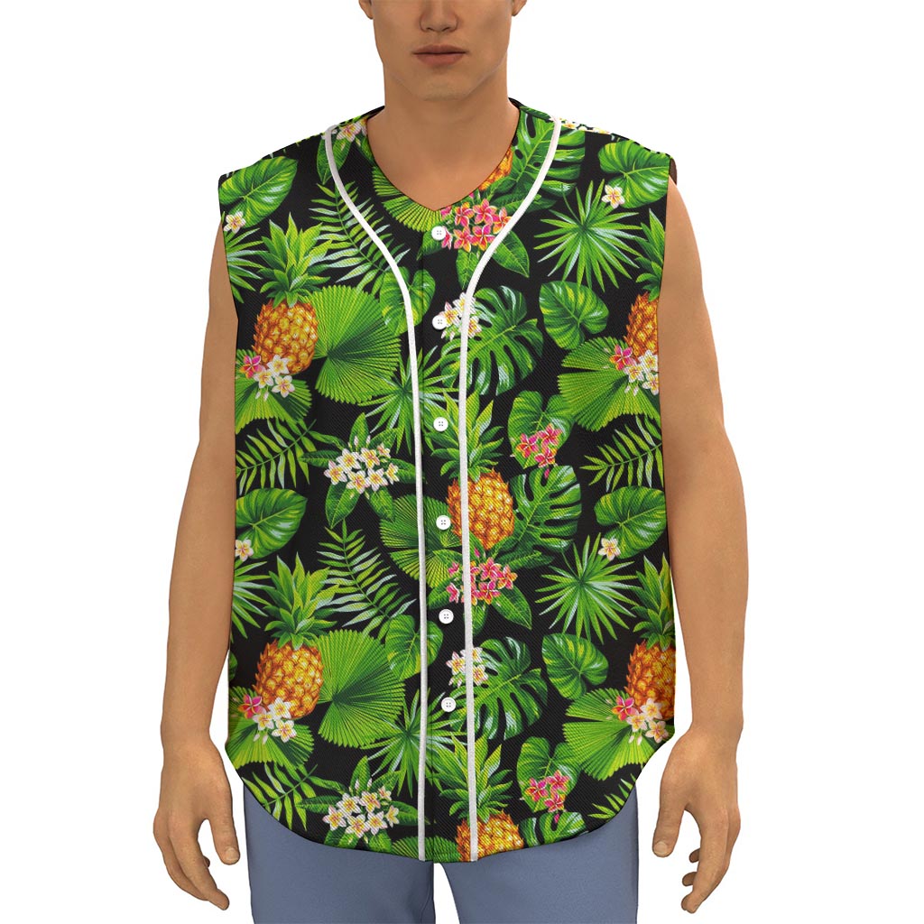Black Hawaiian Pineapple Pattern Print Sleeveless Baseball Jersey