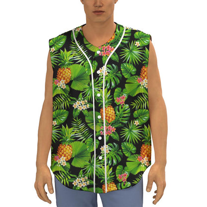 Black Hawaiian Pineapple Pattern Print Sleeveless Baseball Jersey