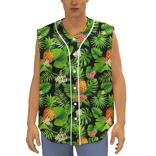 Black Hawaiian Pineapple Pattern Print Sleeveless Baseball Jersey