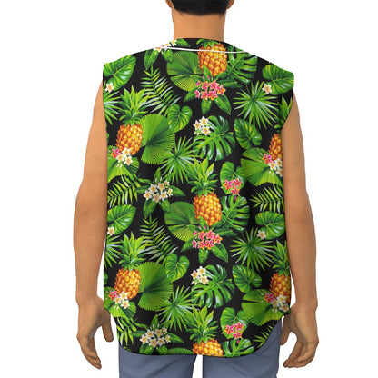 Black Hawaiian Pineapple Pattern Print Sleeveless Baseball Jersey