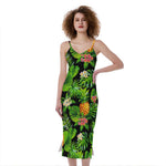 Black Hawaiian Pineapple Pattern Print Slim Fit Midi Cami Dress