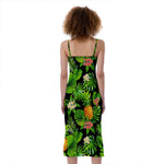 Black Hawaiian Pineapple Pattern Print Slim Fit Midi Cami Dress