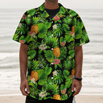 Black Hawaiian Pineapple Pattern Print Textured Short Sleeve Shirt