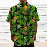 Black Hawaiian Pineapple Pattern Print Textured Short Sleeve Shirt