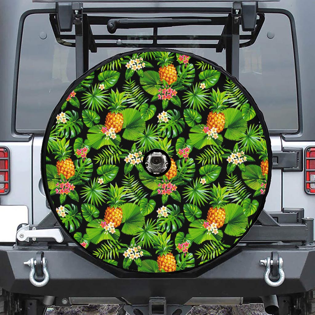 Black Hawaiian Pineapple Pattern Print Tire Cover With Camera Hole