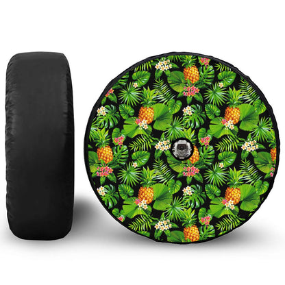 Black Hawaiian Pineapple Pattern Print Tire Cover With Camera Hole